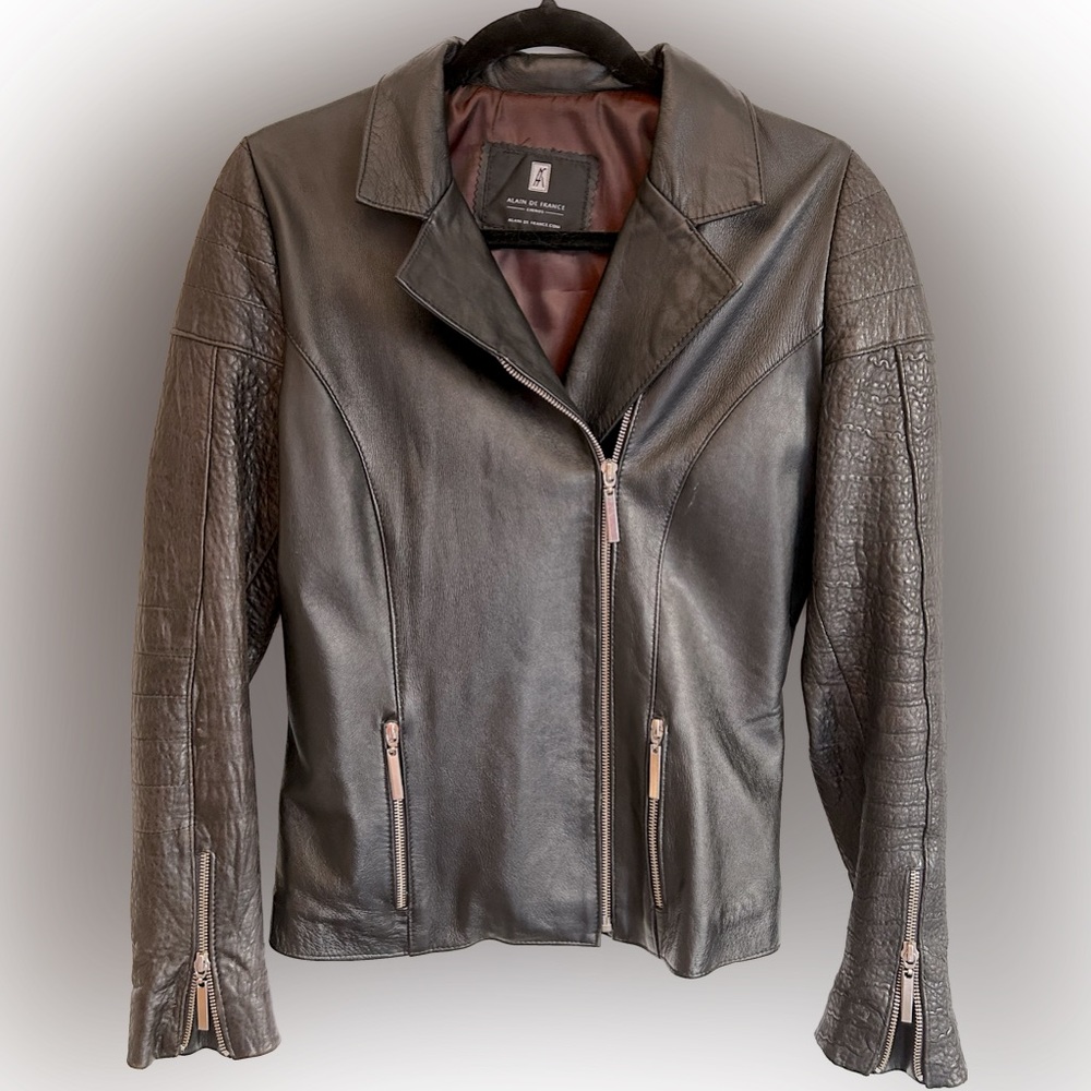 Alain de France Leather Biker/Moto Jacket, Black • Embossed Sleeves • Small